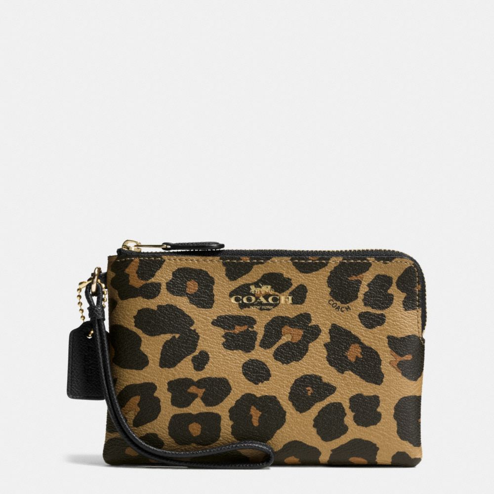 COACH F66053 Corner Zip Small Wristlet In Leopard Print Coated Canvas IMITATION GOLD/NATURAL