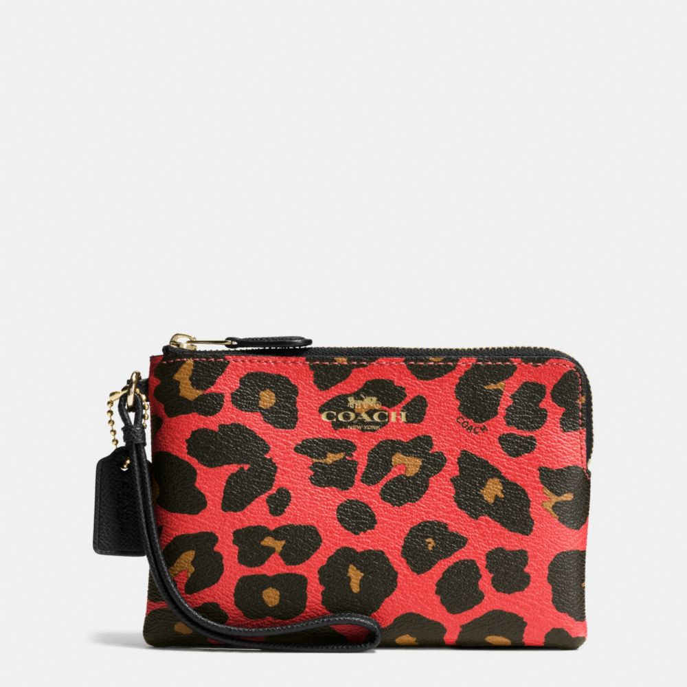 CORNER ZIP SMALL WRISTLET IN LEOPARD PRINT COATED CANVAS - f66053 - IMITATION GOLD/WATERMELON