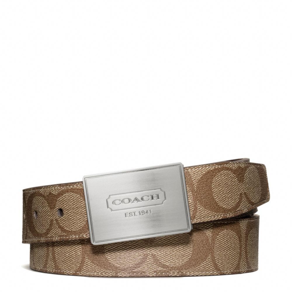 COACH F66111 - LOZENGE PLAQUE COACH HERITAGE STRIPE CUT TO SIZE REVERSIBLE BELT SILVER/KHAKI/BROWN