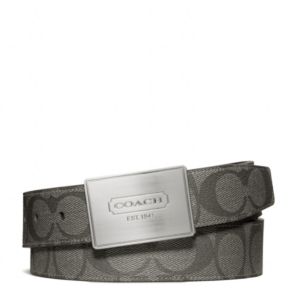 COACH LOZENGE PLAQUE COACH HERITAGE STRIPE CUT TO SIZE REVERSIBLE BELT - SILVER/GREY/CHARCOAL - F66111