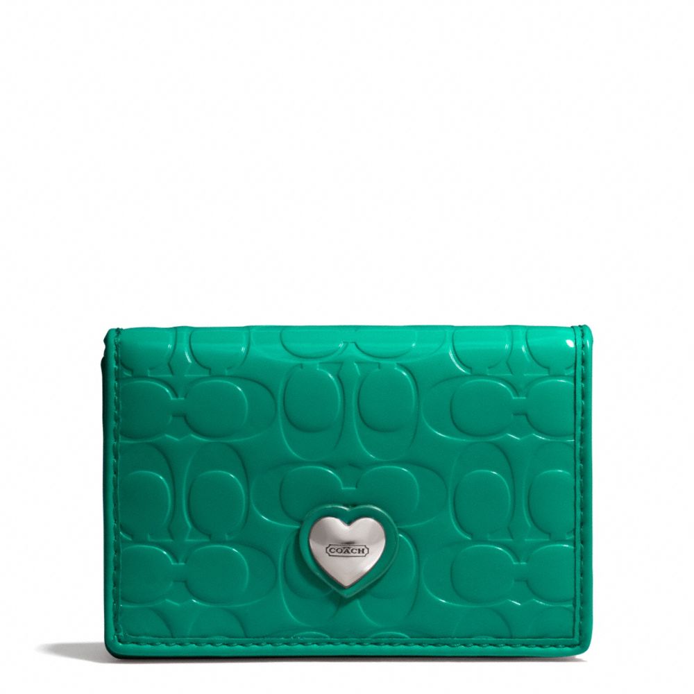 COACH F66113 Embossed Liquid Gloss Business Card Case SILVER/BRIGHT JADE