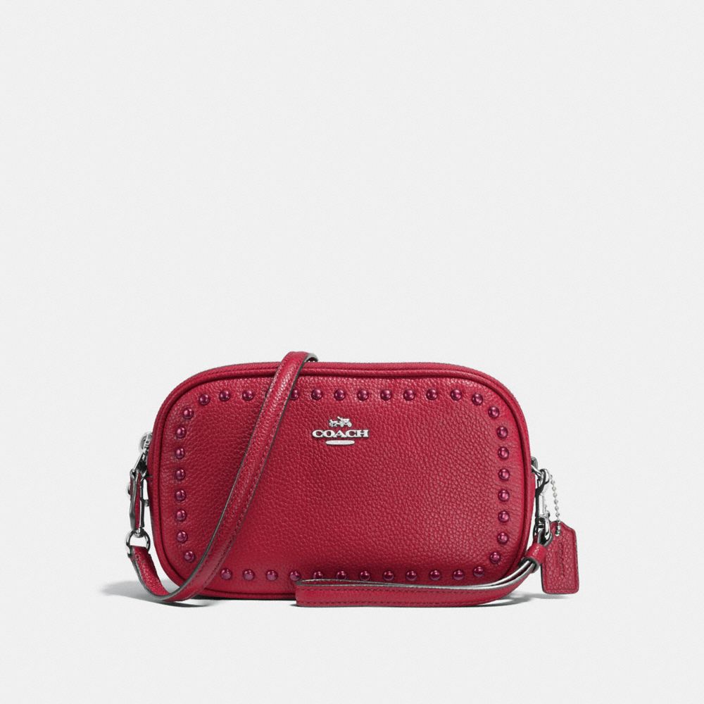 COACH F66154 Crossbody Clutch In Pebble Leather With Lacquer Rivets SILVER/RED CURRANT