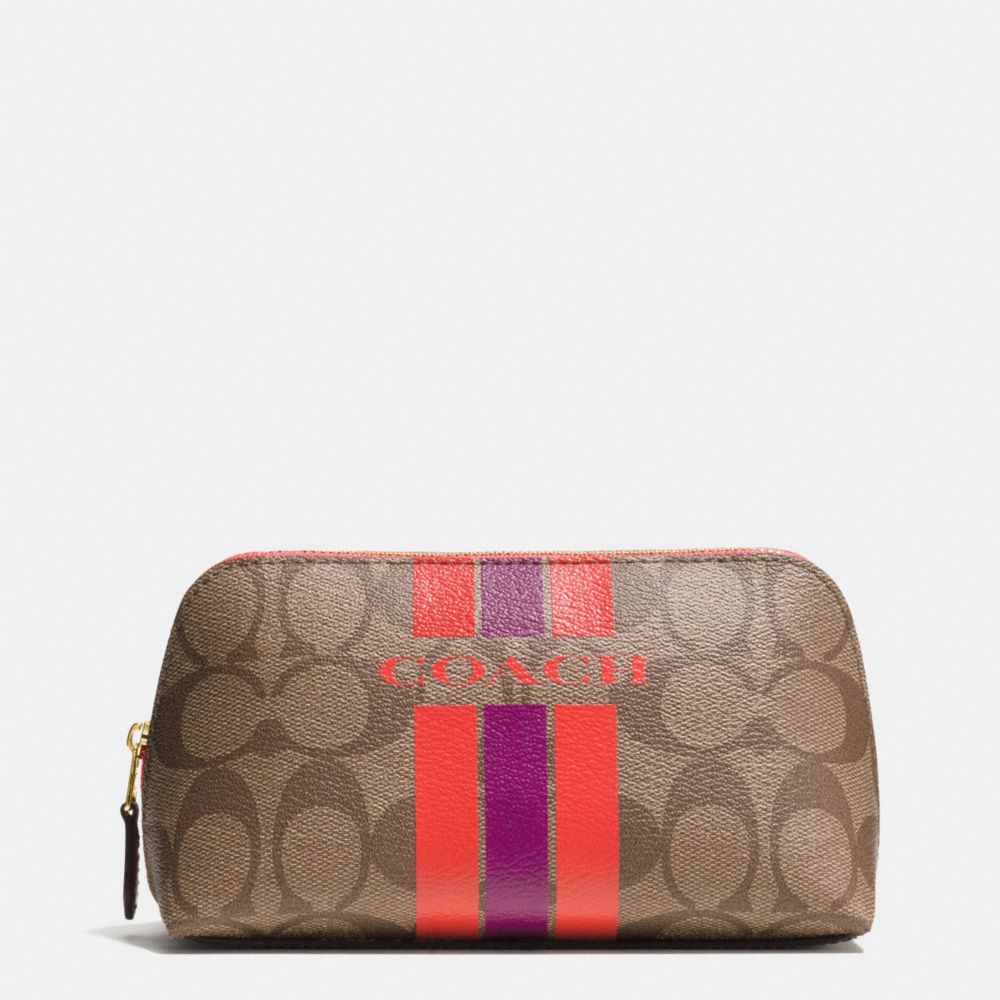 COACH VARSITY STRIPE COSMETIC CASE 17 IN SIGNATURE - IMITATION GOLD/KHAKI/WATERMELON - COACH F66193