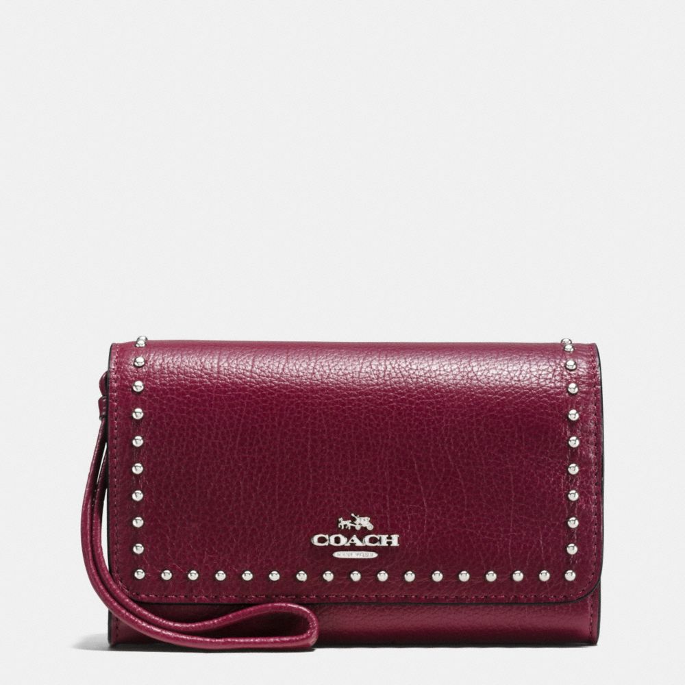 COACH F66194 Rivets Phone Wristlet In Grain Leather SILVER/BURGUNDY