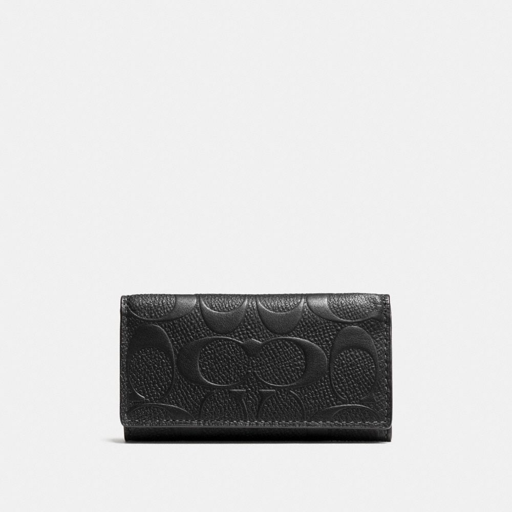 COACH 4 RING KEY CASE IN SIGNATURE CROSSGRAIN LEATHER - BLACK - f66293