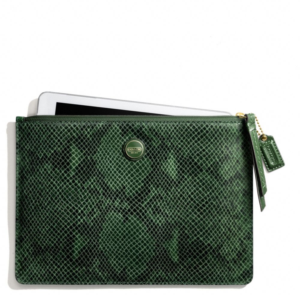 COACH f66413 SIGNATURE STRIPE EMBOSSED SNAKE MEDIUM TECH POUCH BRASS/GREEN