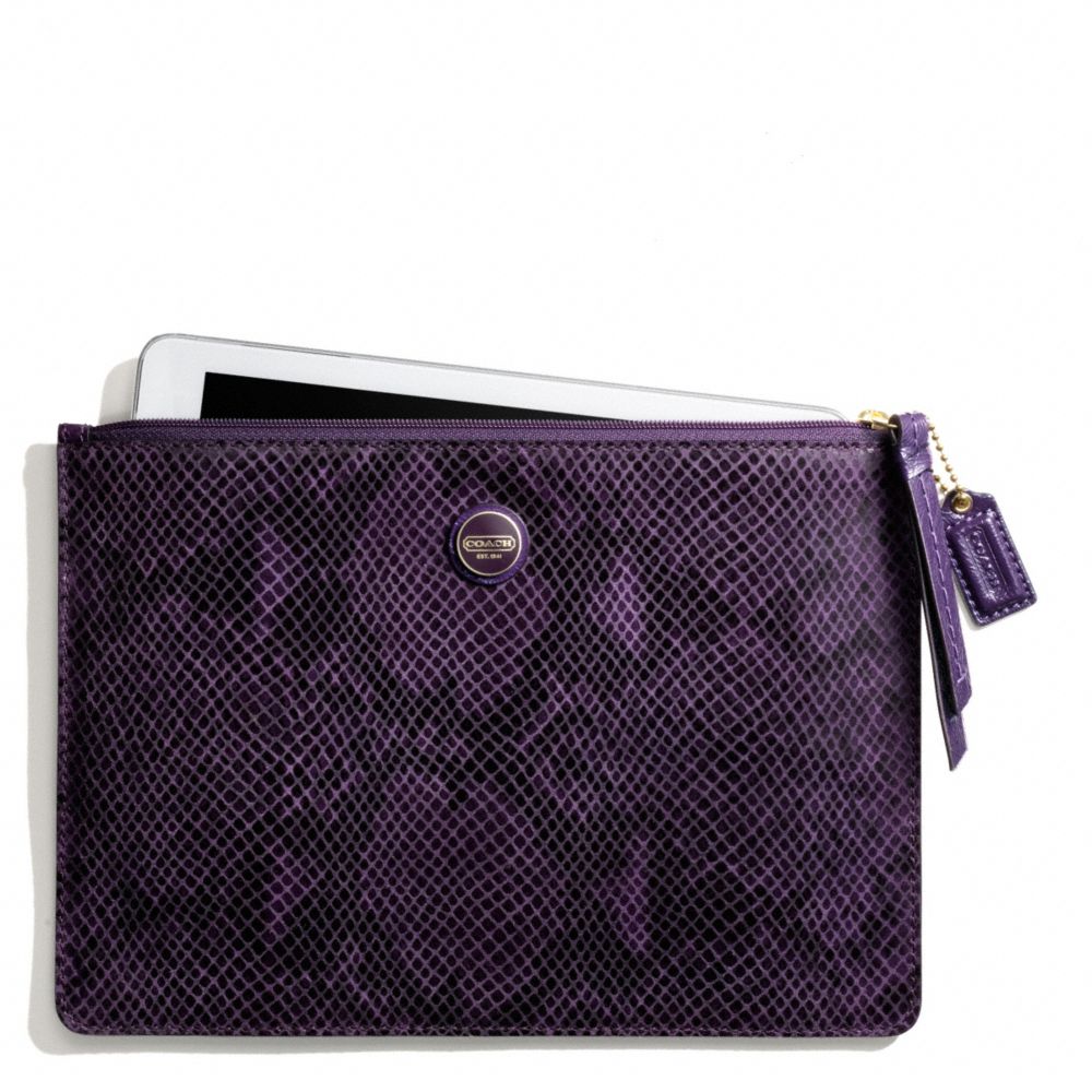 COACH SIGNATURE STRIPE EMBOSSED SNAKE MEDIUM TECH POUCH - BRASS/PURPLE - f66413