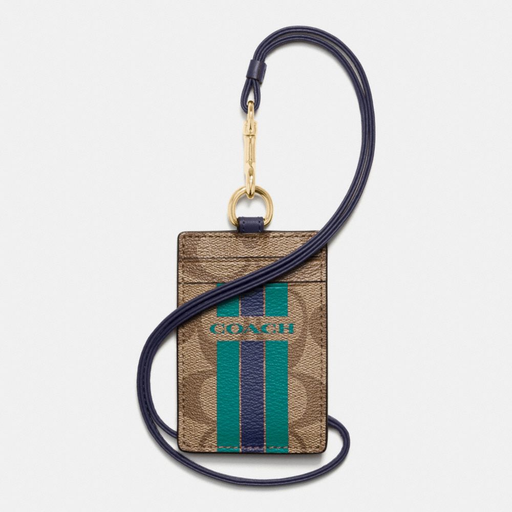 COACH F66462 - COACH VARSITY STRIPE LANYARD ID CASE IN SIGNATURE IMITATION GOLD/KHAKI/MIDNIGHT