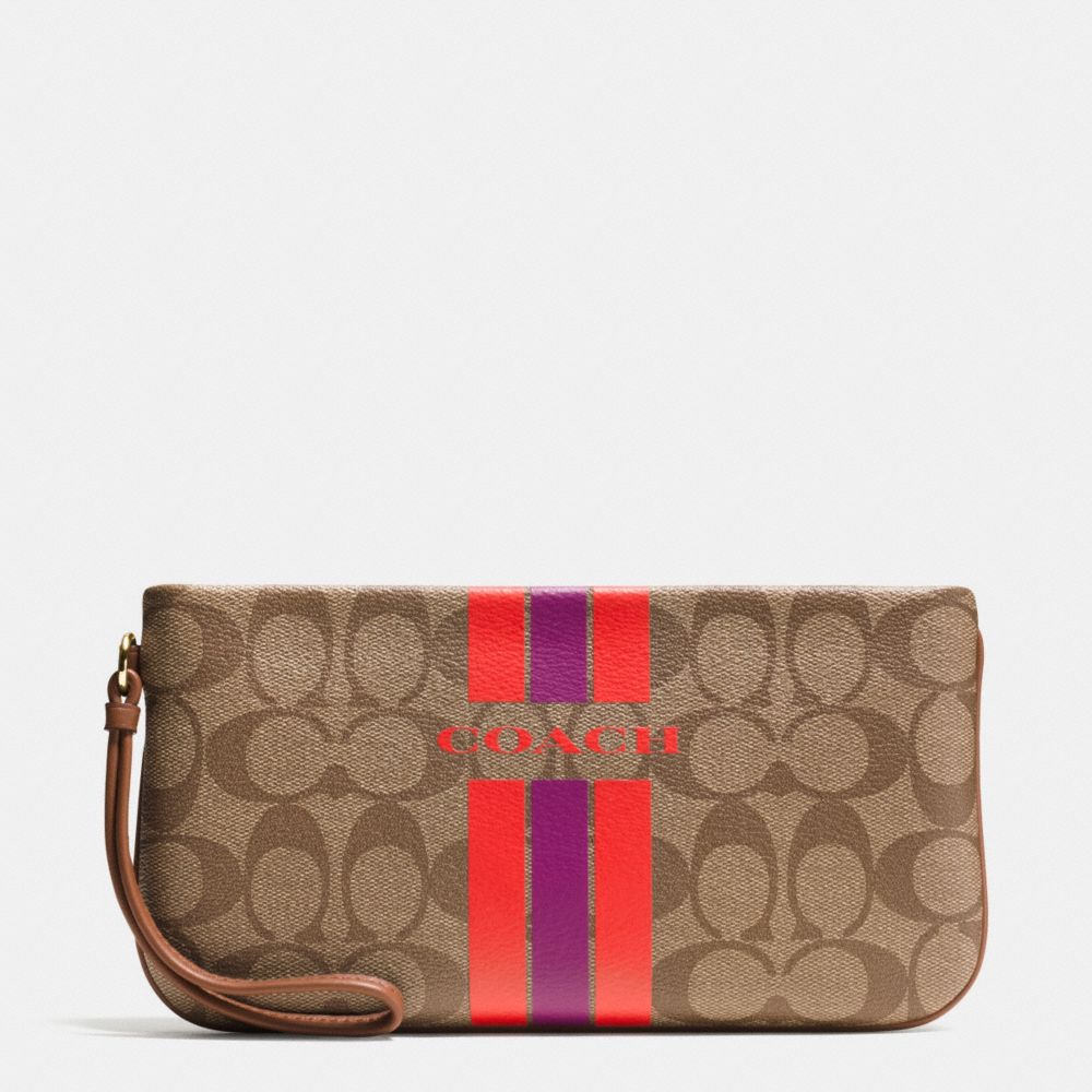 COACH VARSITY STRIPE LARGE WRISTLET IN SIGNATURE - IMITATION GOLD/KHAKI/WATERMELON - COACH F66463