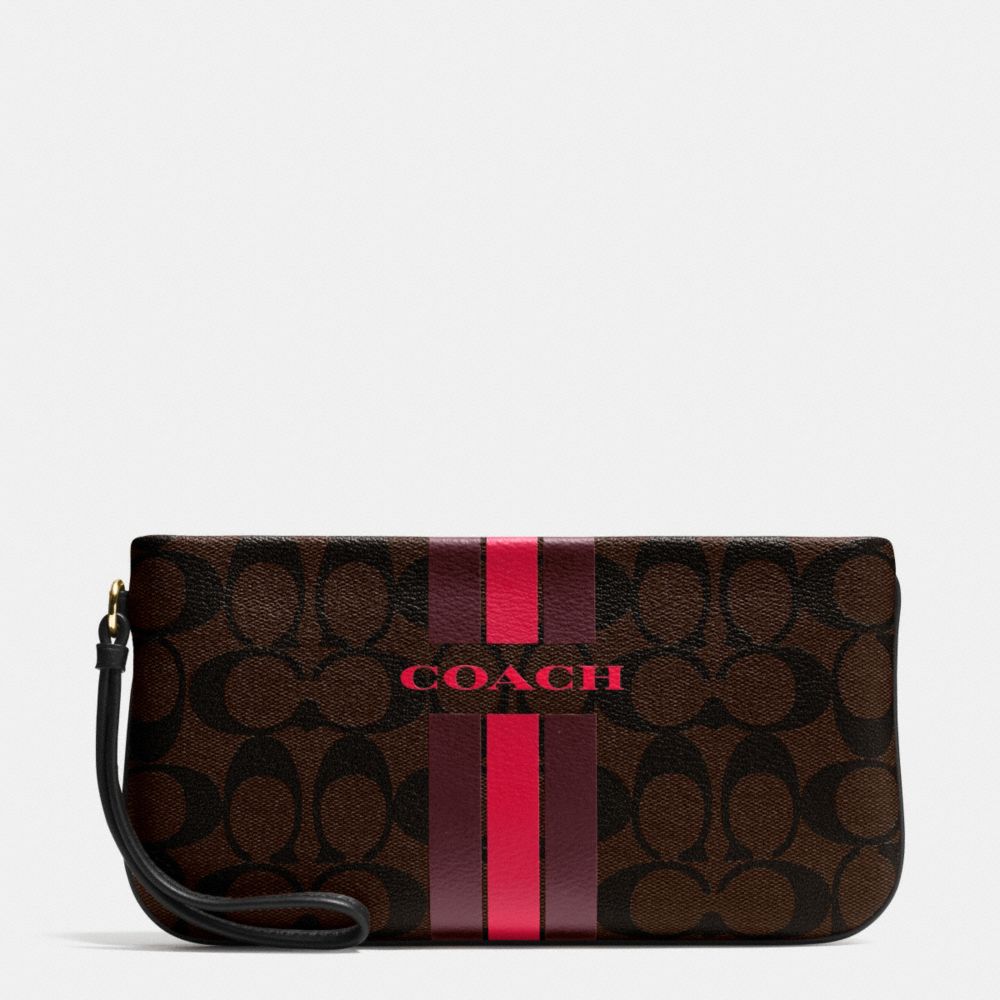 COACH COACH VARSITY STRIPE LARGE WRISTLET IN SIGNATURE - IMITATION GOLD/BROW TRUE RED - f66463