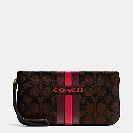 COACH f66463 COACH VARSITY STRIPE LARGE WRISTLET IN SIGNATURE IMITATION GOLD/BROW TRUE RED