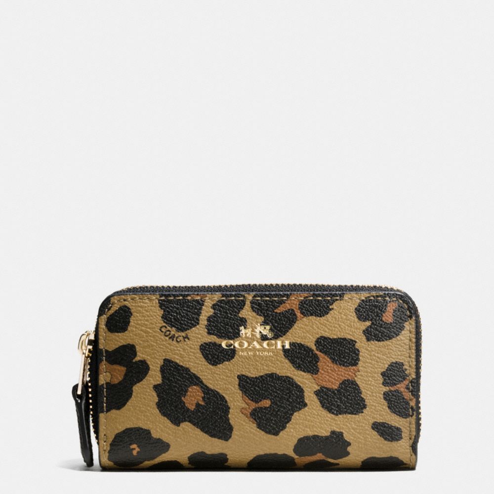 COACH F66472 Small Double Zip Coin Case In Leopard Print Coated Canvas IMITATION GOLD/NATURAL