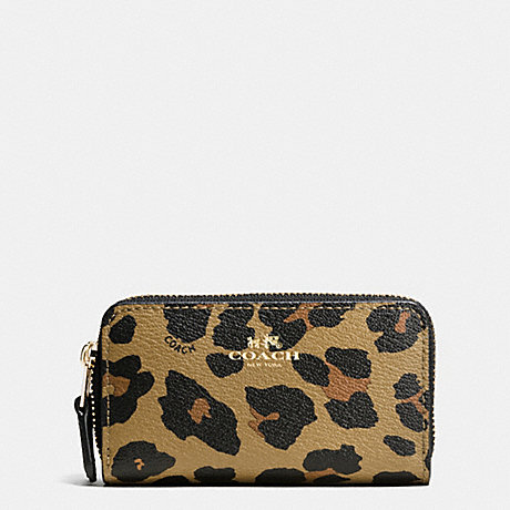 COACH F66472 SMALL DOUBLE ZIP COIN CASE IN LEOPARD PRINT COATED CANVAS IMITATION-GOLD/NATURAL