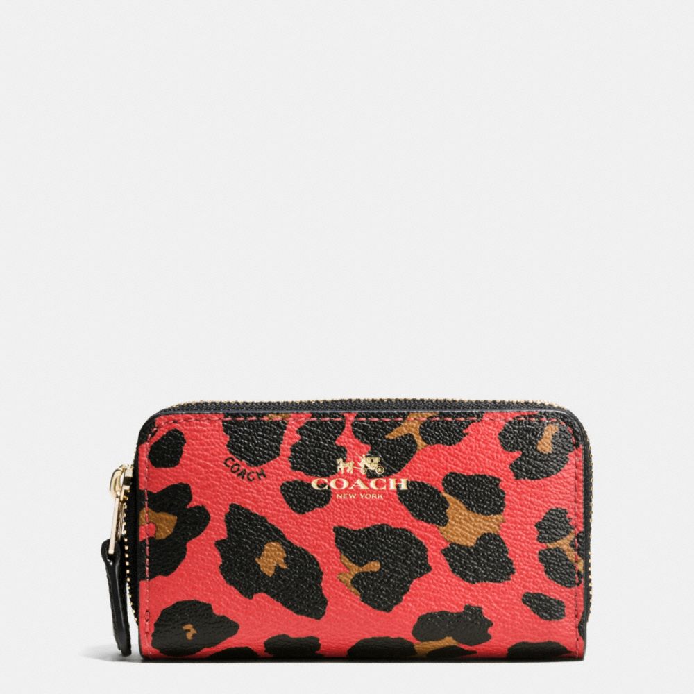 COACH f66472 SMALL DOUBLE ZIP COIN CASE IN LEOPARD PRINT COATED CANVAS IMITATION GOLD/WATERMELON