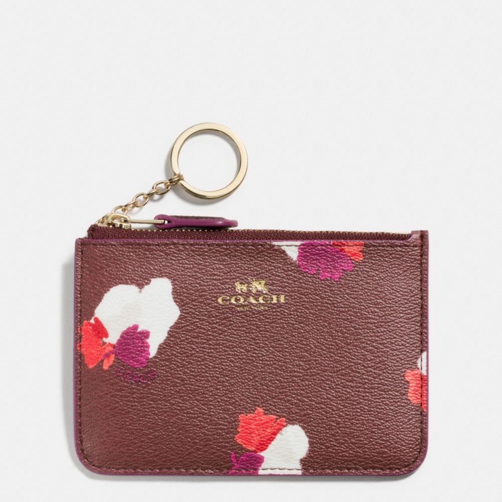 KEY POUCH WITH GUSSET IN FIELD FLORA PRINT COATED CANVAS - IMITATION GOLD/BURGUNDY MULTI - COACH F66491