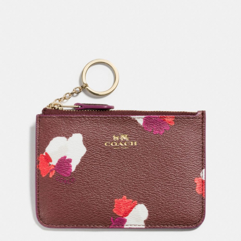 COACH f66491 KEY POUCH WITH GUSSET IN FIELD FLORA PRINT COATED CANVAS IMITATION GOLD/BURGUNDY MULTI