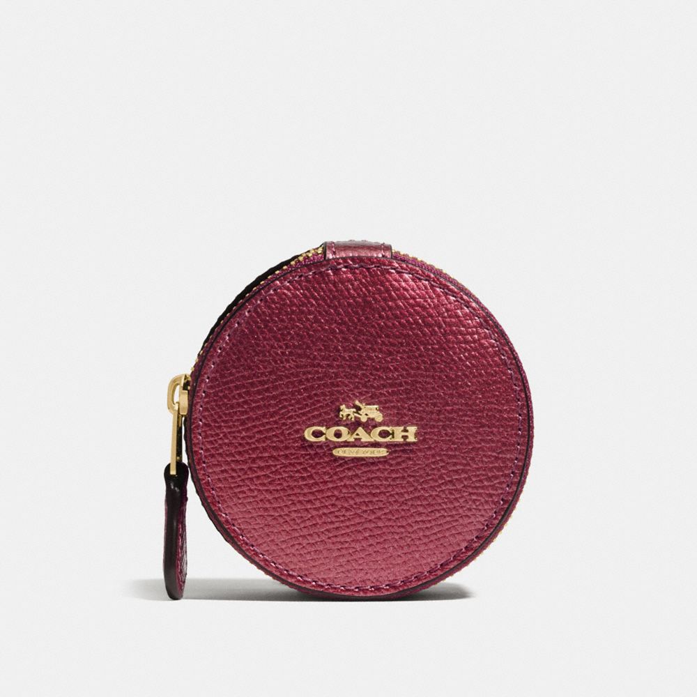 COACH f66501 ROUND TRINKET BOX IN CROSSGRAIN LEATHER IMITATION GOLD/METALLIC CHERRY