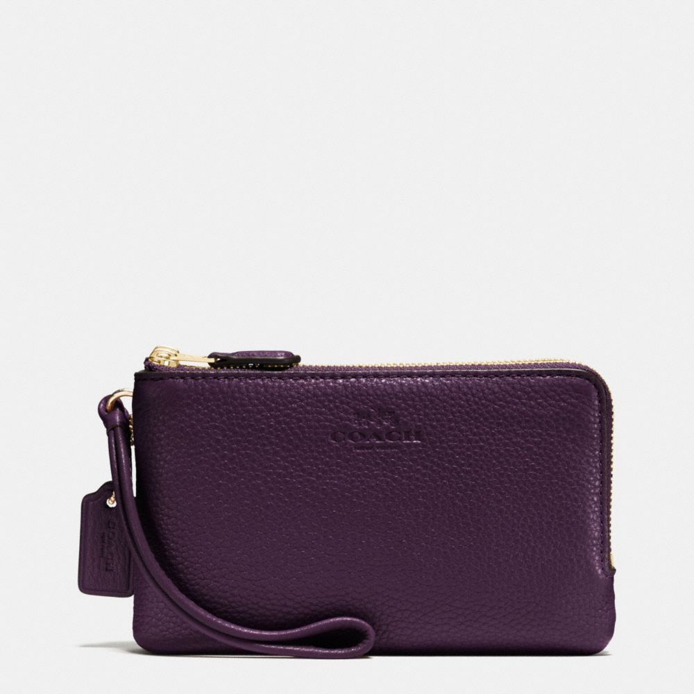 COACH F66505 Double Corner Zip Wristlet In Pebble Leather IMITATION GOLD/AUBERGINE