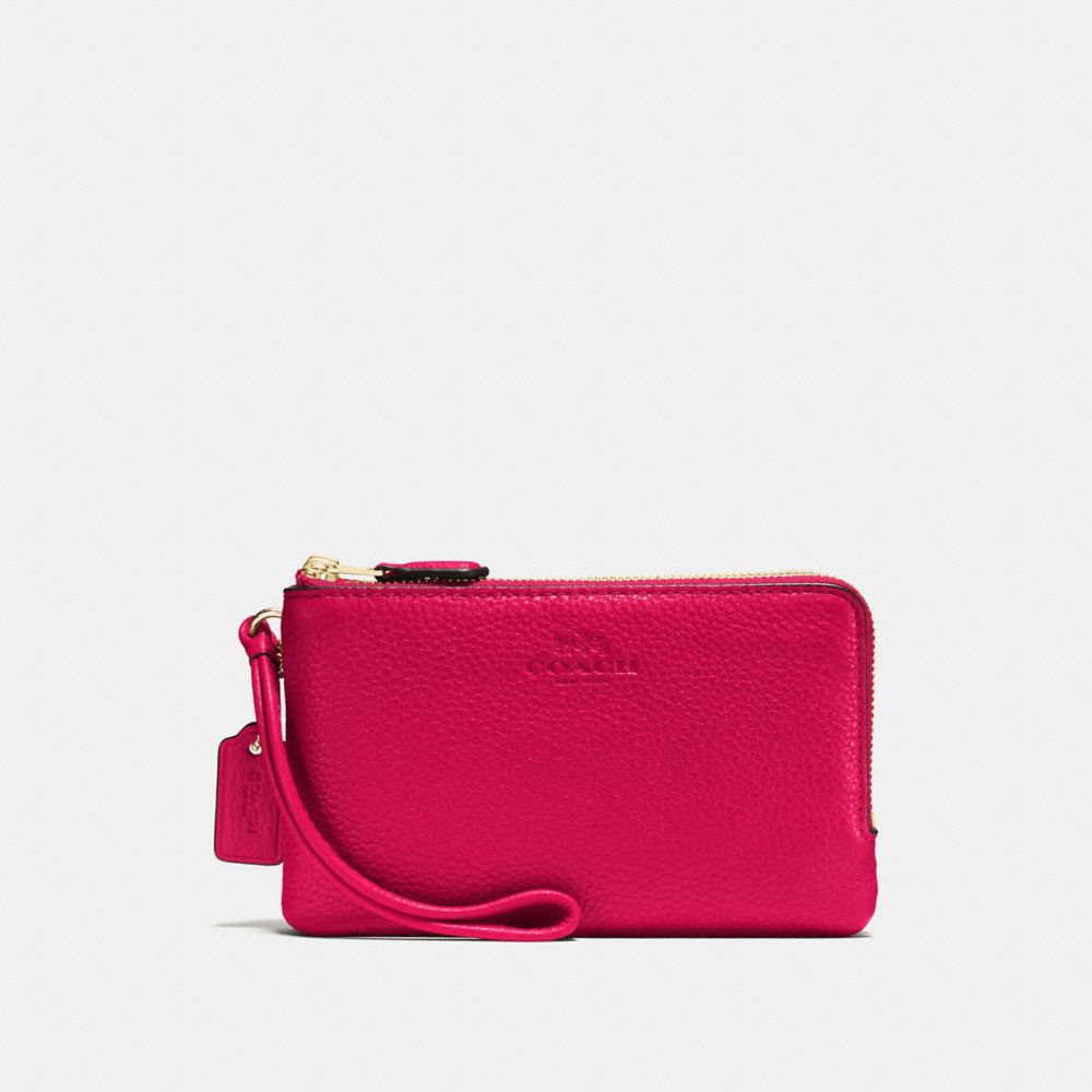 COACH f66505 DOUBLE CORNER ZIP WRISTLET IN PEBBLE LEATHER IMITATION GOLD/BRIGHT PINK