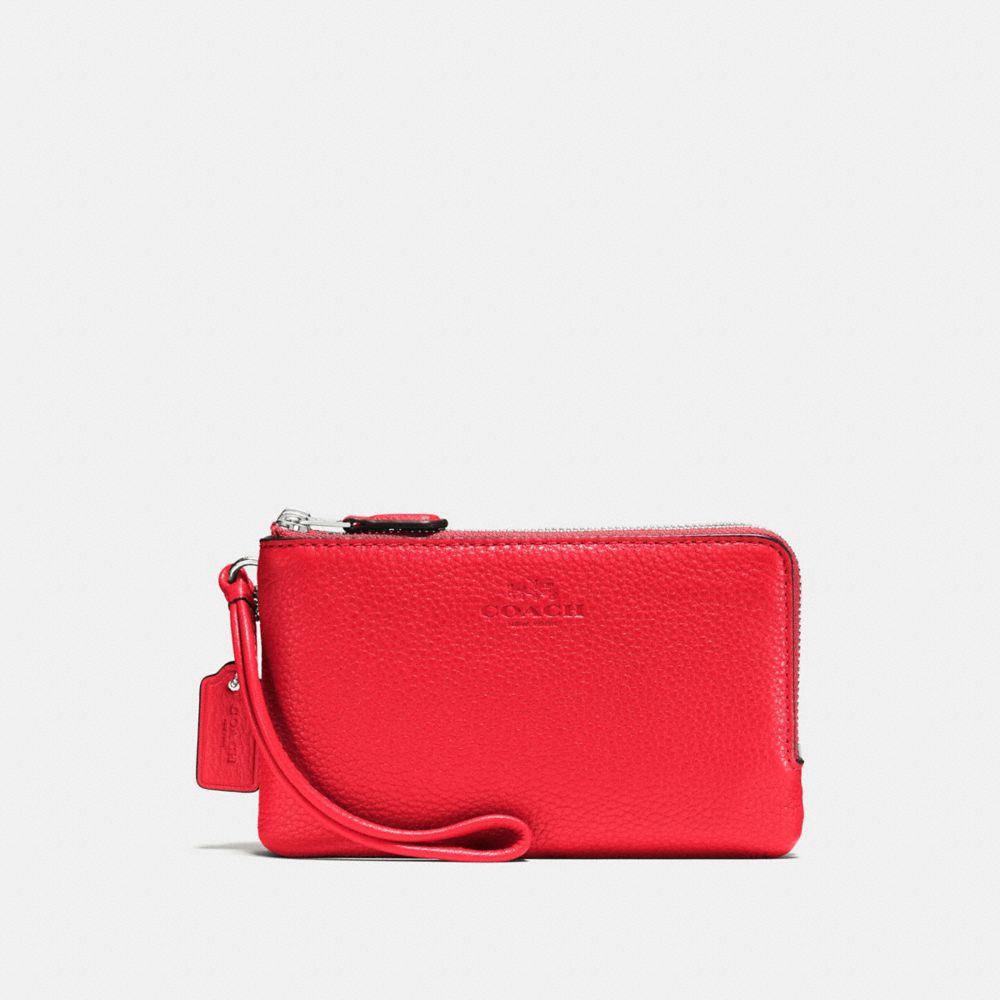 COACH DOUBLE CORNER ZIP WRISTLET IN PEBBLE LEATHER - SILVER/BRIGHT RED - f66505