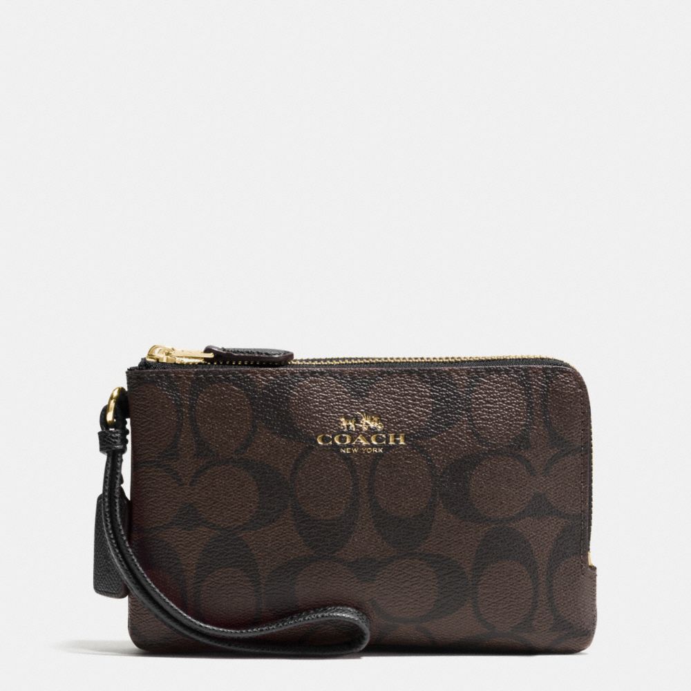 COACH DOUBLE CORNER ZIP WRISTLET IN SIGNATURE - IMITATION GOLD/BROWN/BLACK - f66506