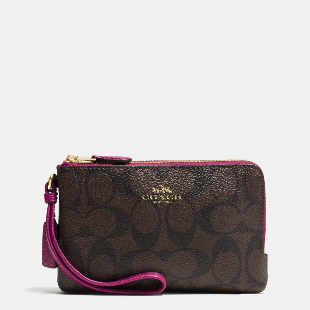 COACH F66506 DOUBLE CORNER ZIP WRISTLET IN SIGNATURE IMITATION-GOLD/BROWN/FUCHSIA