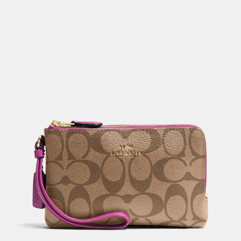 COACH F66506 DOUBLE CORNER ZIP WRISTLET IN SIGNATURE IMITATION-GOLD/KHAKI/HYACINTH