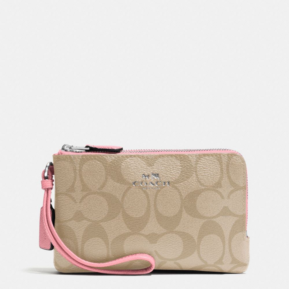 COACH F66506 - DOUBLE CORNER ZIP WRISTLET IN SIGNATURE COATED CANVAS SILVER/LIGHT KHAKI/BLUSH