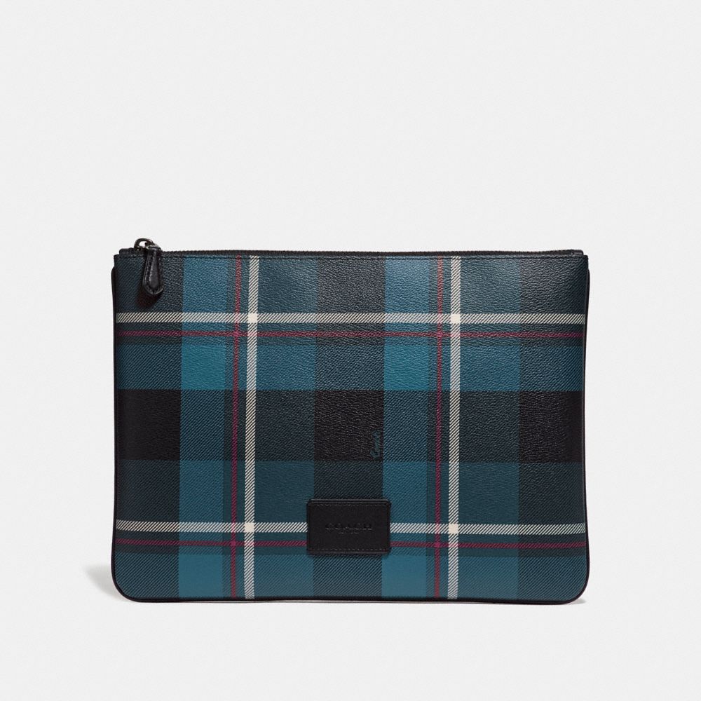 COACH LARGE POUCH WITH PLAID PRINT - BLUE MULTI/BLACK ANTIQUE NICKEL - F66566