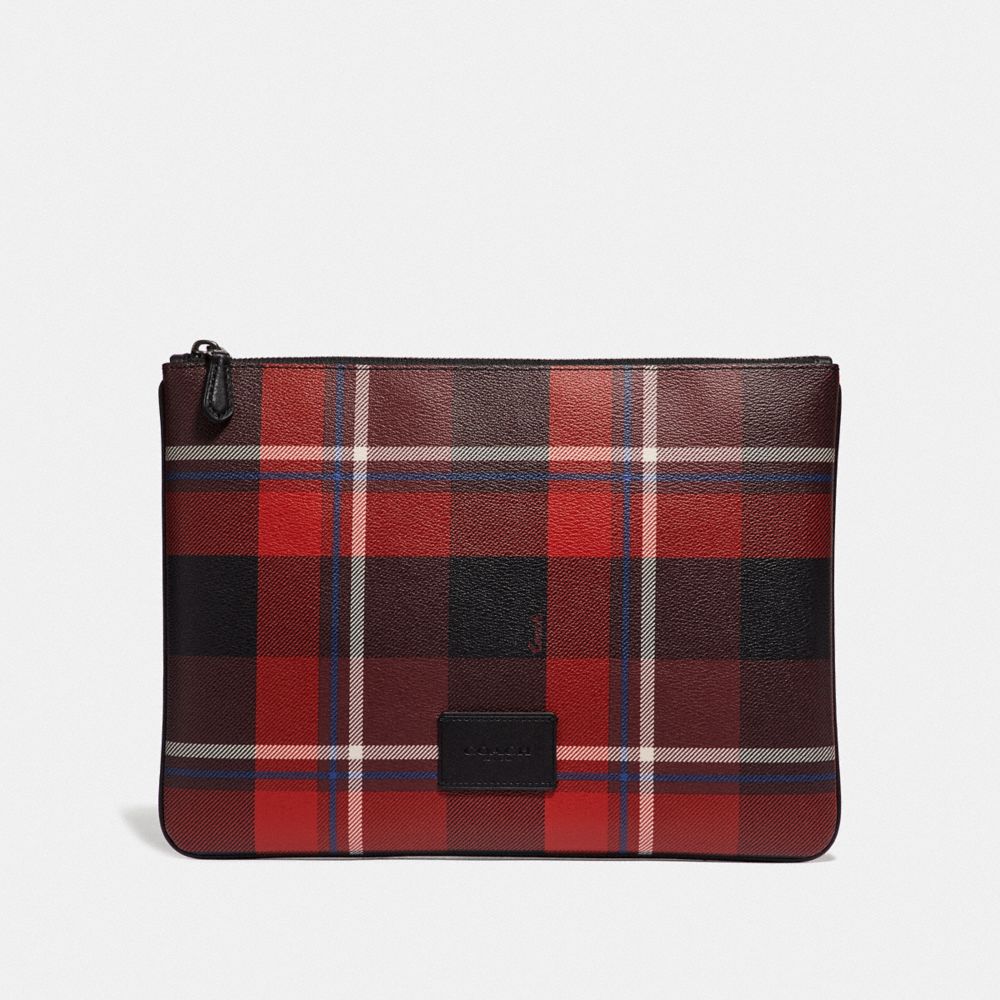 COACH F66566 - LARGE POUCH WITH PLAID PRINT RED MULTI/BLACK ANTIQUE NICKEL