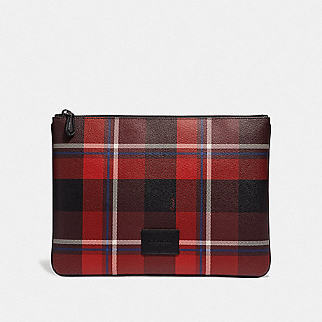 COACH F66566 LARGE POUCH WITH PLAID PRINT RED-MULTI/BLACK-ANTIQUE-NICKEL