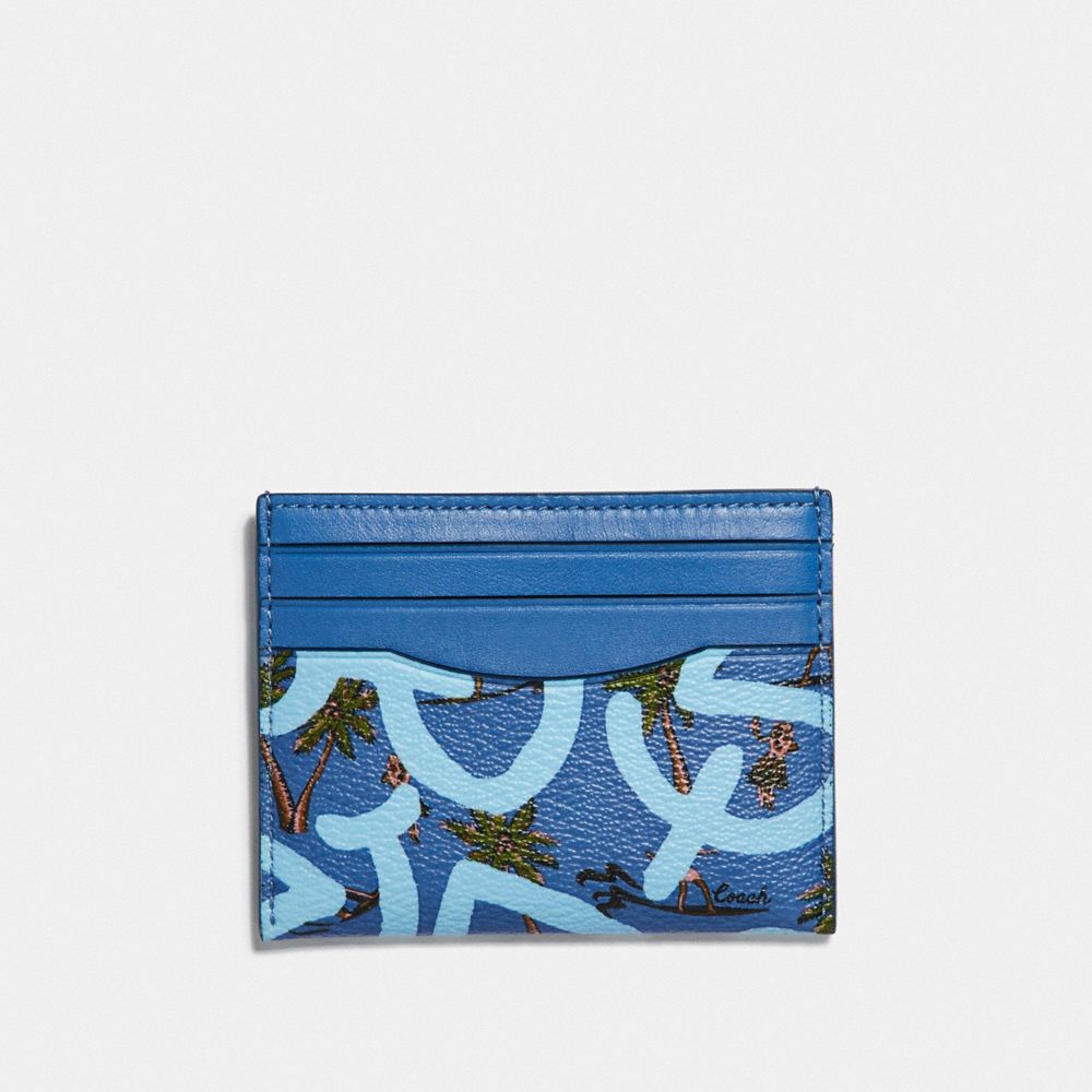 COACH KEITH HARING SLIM ID CARD CASE WITH HULA DANCE PRINT - SKY BLUE MULTI/BLACK ANTIQUE NICKEL - F66579