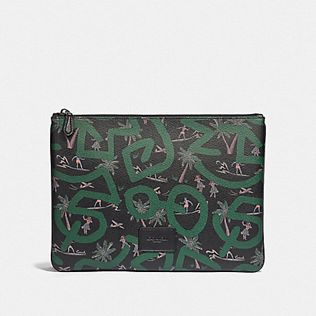 COACH F66583 KEITH HARING LARGE POUCH WITH HULA DANCE PRINT BLACK MULTI/BLACK ANTIQUE NICKEL