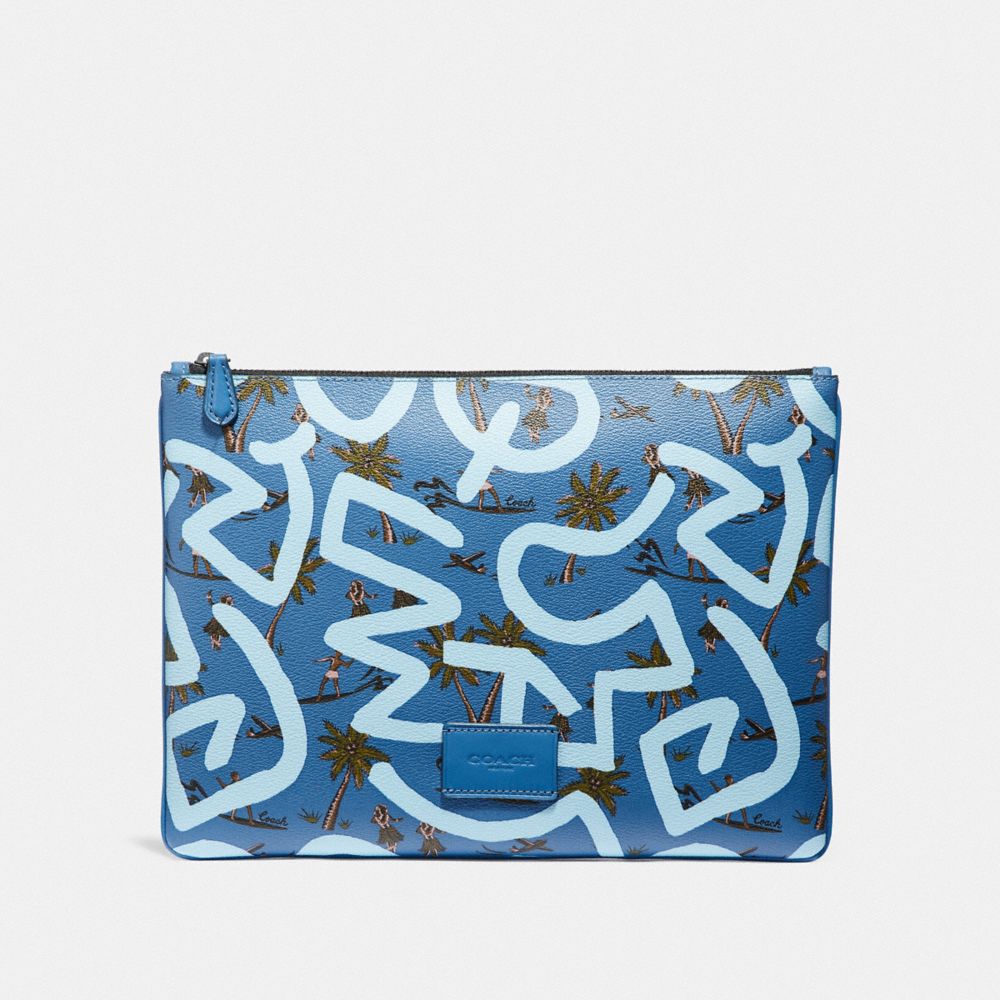 COACH F66583 - KEITH HARING LARGE POUCH WITH HULA DANCE PRINT SKY BLUE MULTI/BLACK ANTIQUE NICKEL