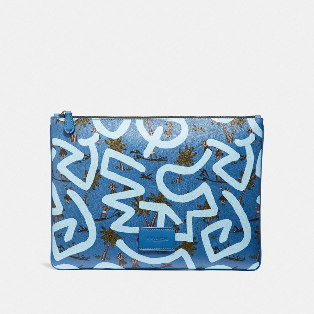 COACH F66583 Keith Haring Large Pouch With Hula Dance Print SKY BLUE MULTI/BLACK ANTIQUE NICKEL