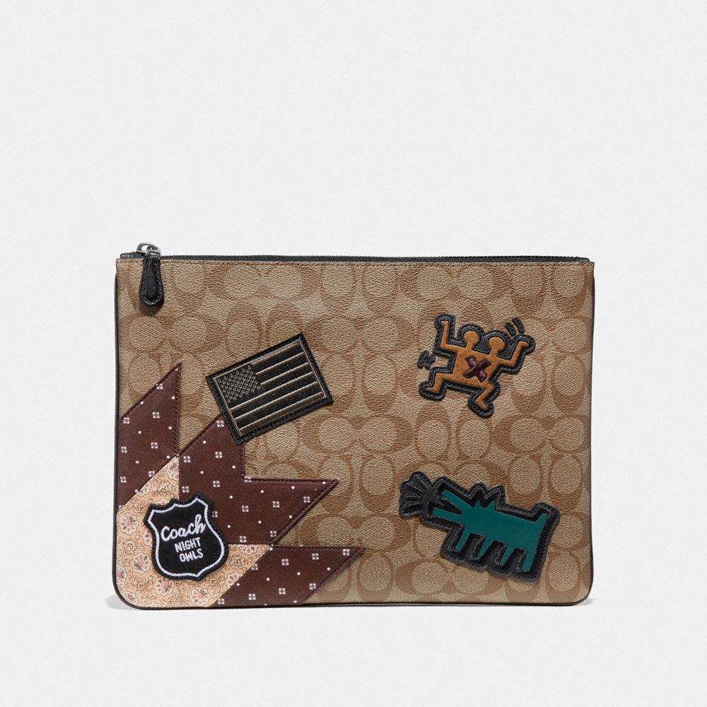 KEITH HARING LARGE POUCH IN SIGNATURE CANVAS WITH PATCHES - KHAKI/MULTI/BLACK ANTIQUE NICKEL - COACH F66585