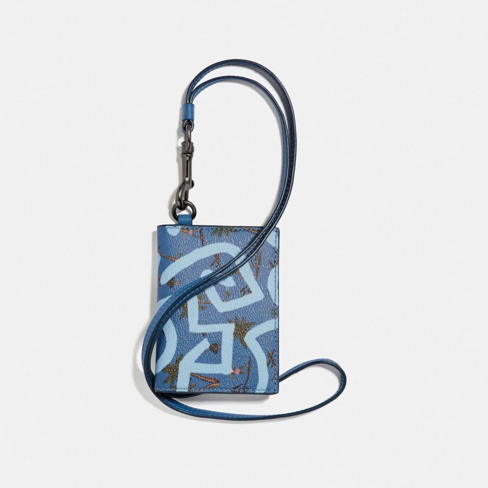 COACH F66586 - KEITH HARING ID CARD CASE LANYARD WITH HULA DANCE PRINT SKY BLUE MULTI/BLACK ANTIQUE NICKEL