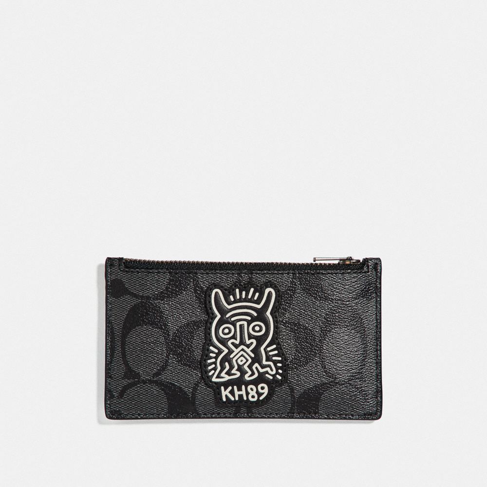 KEITH HARING ZIP CARD CASE IN SIGNATURE CANVAS WITH MOTIF - CHARCOAL/BLACK/BLACK ANTIQUE NICKEL - COACH F66588