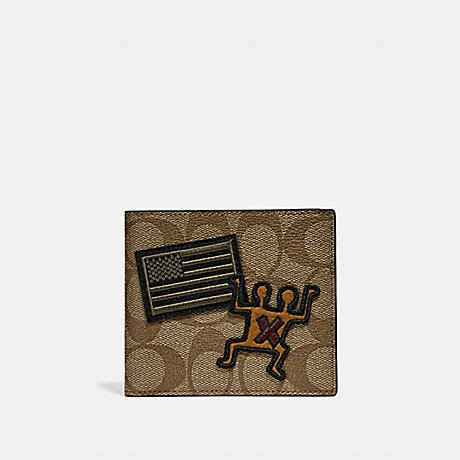 COACH F66591 KEITH HARING DOUBLE BILLFOLD WALLET IN SIGNATURE CANVAS WITH PATCHES KHAKI/MULTI/BLACK-ANTIQUE-NICKEL