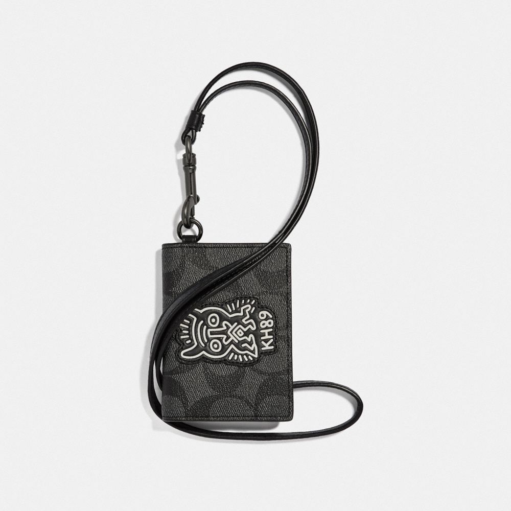 KEITH HARING ID CARD CASE LANYARD IN SIGNATURE CANVAS WITH MOTIF - CHARCOAL/BLACK/BLACK ANTIQUE NICKEL - COACH F66592