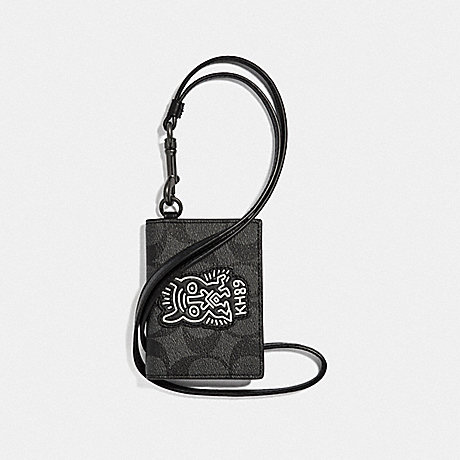 COACH F66592 KEITH HARING ID CARD CASE LANYARD IN SIGNATURE CANVAS WITH MOTIF CHARCOAL/BLACK/BLACK-ANTIQUE-NICKEL