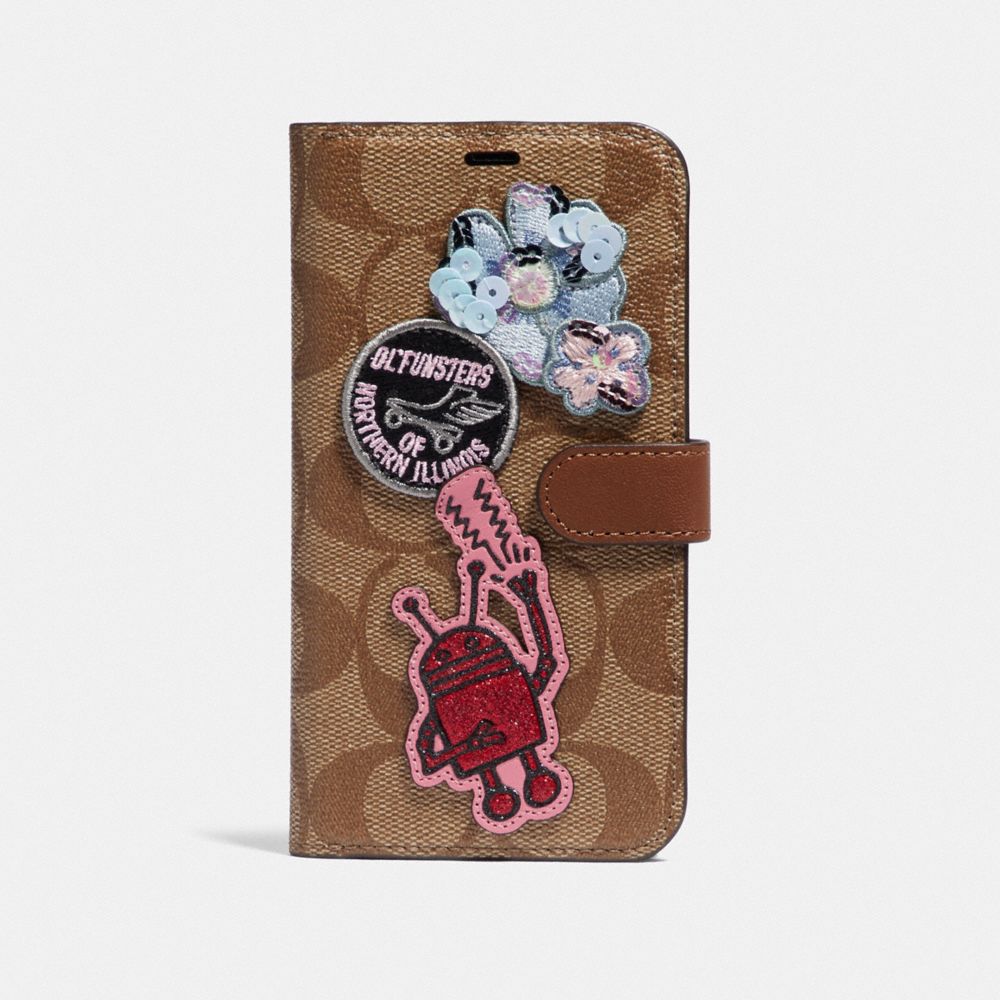 KEITH HARING IPHONE X/XS FOLIO IN SIGNATURE CANVAS WITH PATCHES - KHAKI MULTI - COACH F66737
