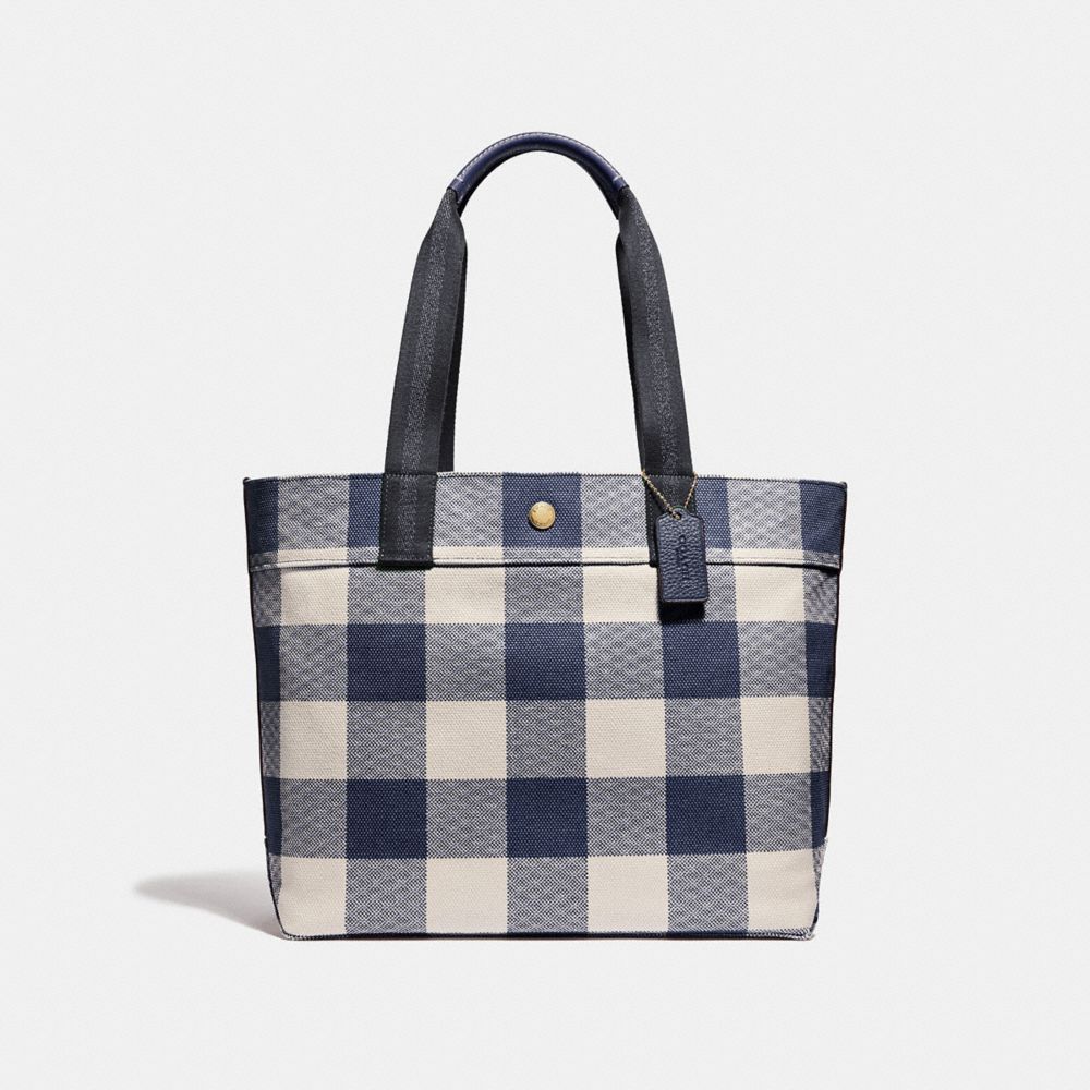 COACH F66867 Tote With Buffalo Plaid Print MIDNIGHT/LIGHT GOLD