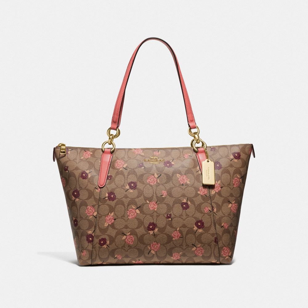 AVA TOTE IN SIGNATURE CANVAS WITH TOSSED PEONY PRINT - F66880 - KHAKI/PINK MULTI/IMITATION GOLD