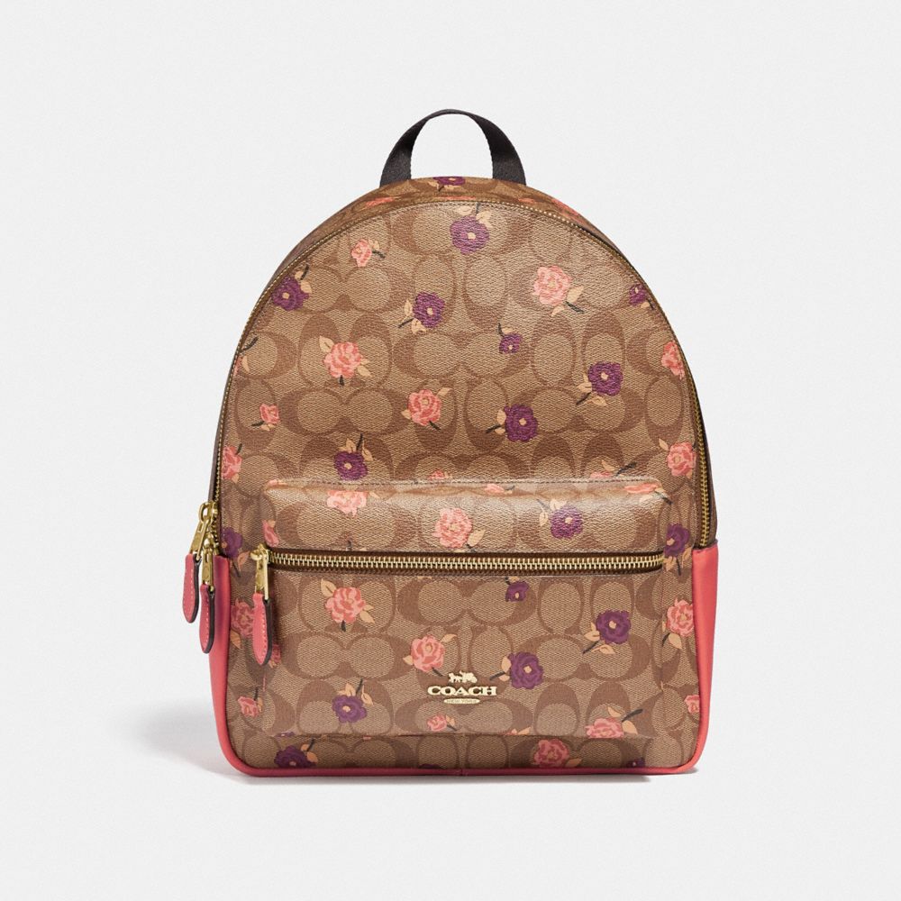 MEDIUM CHARLIE BACKPACK IN SIGNATURE CANVAS WITH TOSSED PEONY PRINT - F66881 - KHAKI/PINK MULTI/IMITATION GOLD
