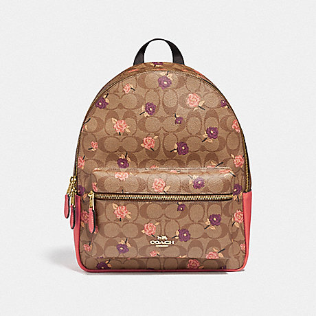COACH MEDIUM CHARLIE BACKPACK IN SIGNATURE CANVAS WITH TOSSED PEONY PRINT - KHAKI/PINK MULTI/IMITATION GOLD - F66881