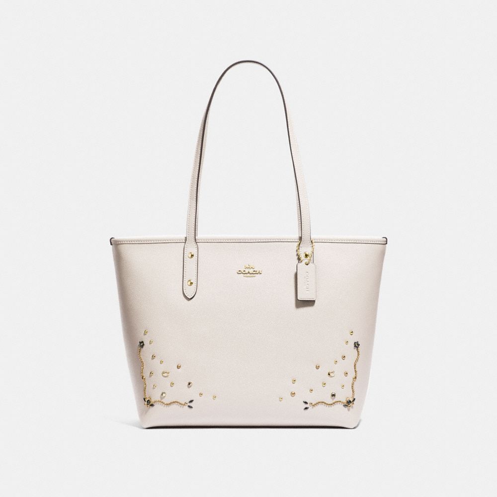 COACH F66906 CITY ZIP TOTE WITH STARDUST CRYSTAL RIVETS CHALK MULTI/IMITATION GOLD