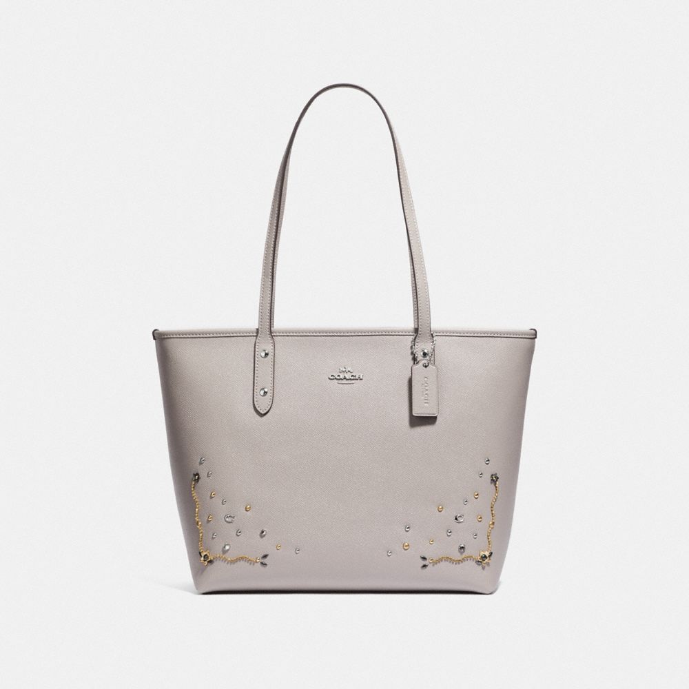 COACH F66906 CITY ZIP TOTE WITH STARDUST CRYSTAL RIVETS GREY-BIRCH-MULTI/SILVER