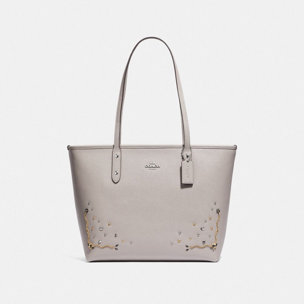 COACH F66906 City Zip Tote With Stardust Crystal Rivets GREY BIRCH MULTI/SILVER