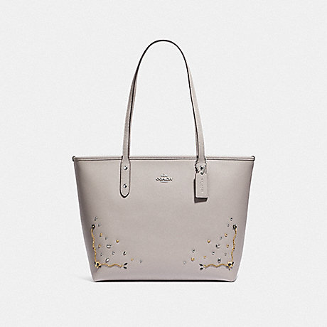 COACH F66906 CITY ZIP TOTE WITH STARDUST CRYSTAL RIVETS GREY-BIRCH-MULTI/SILVER